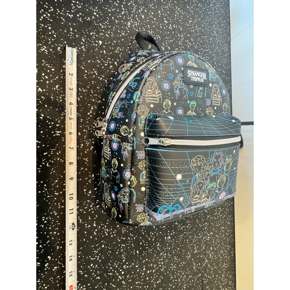 Stranger Things Mini Backpack Black Neon Character Print Faux Leather Bag - Picture 9 of 11
